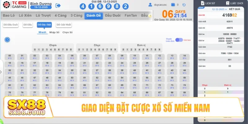 Giao diện đặt cược xổ số miền Nam